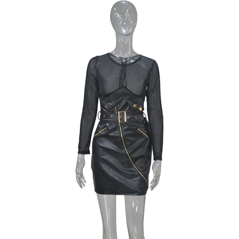 Mesh corset Faux Leather Skirt